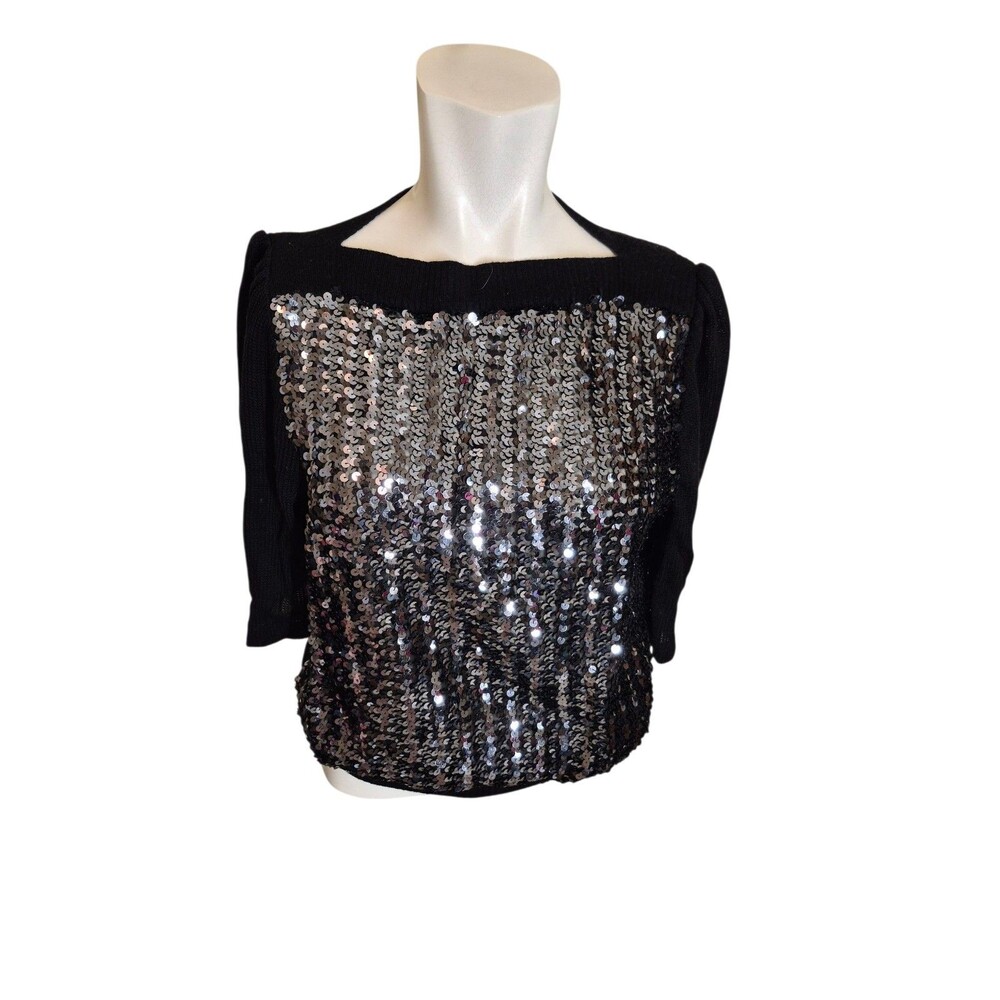 Diamonds Run By Wayne Diamond VTG 70s Sweater Sequin Knit Puff Sleeve Blk sz XS